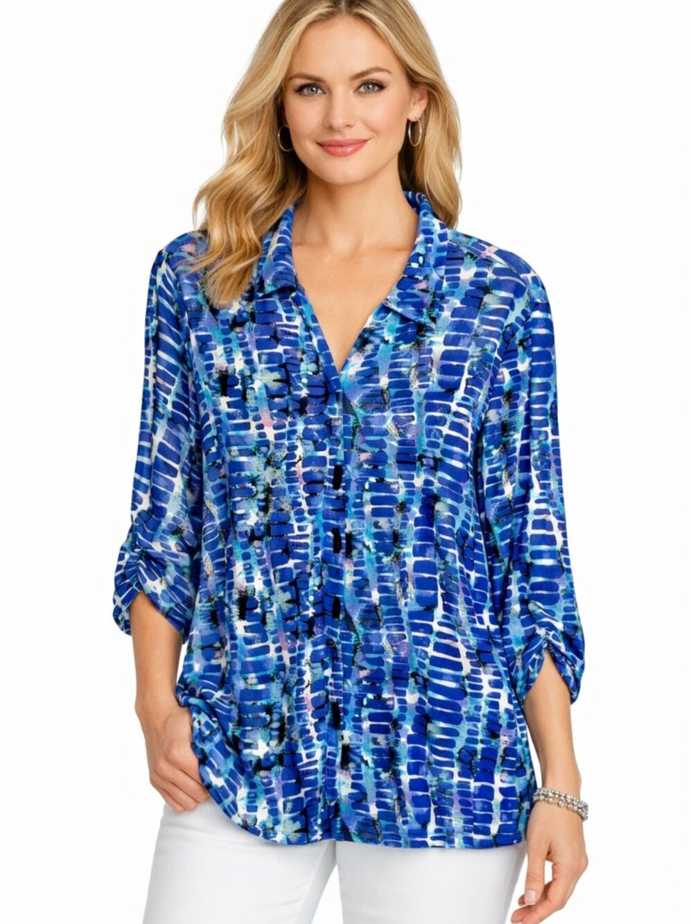 Ali Miles Blouse Women's Medium Abstract Lightweight Office Purple Blue